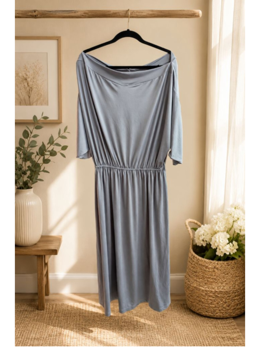 KOH KOH Gray Batwing Sleeve Midi Dress Elastic Waist XL